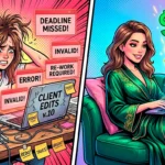 Комикс-иллюстрация: уставшая девушка на классическом фрилансе с правками против счастливой и успешной девушки-оператора чата на OnlyFans