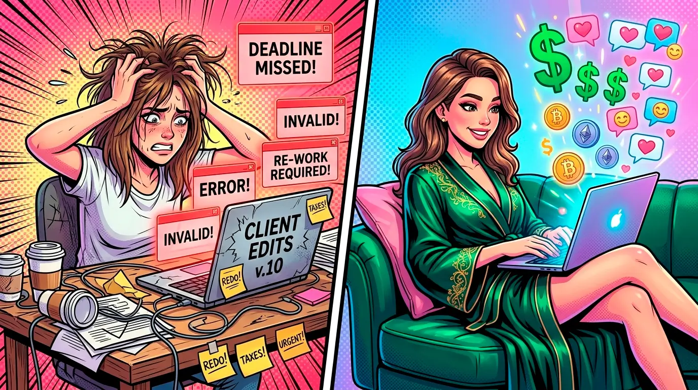 Комикс-иллюстрация: уставшая девушка на классическом фрилансе с правками против счастливой и успешной девушки-оператора чата на OnlyFans