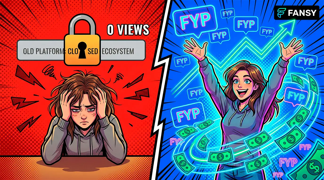 Комикс-иллюстрация сравнения платформ: модель страдает без трафика на старой платформе и успешно зарабатывает с алгоритмом рекомендаций FYP на Fansly