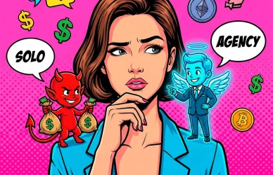 Комикс-иллюстрация главных ошибок на OnlyFans вакансии: девушка выбирает между работой соло и вакансиями агентства. Символы заработка, криптовалюты и рисков для модели и чатера