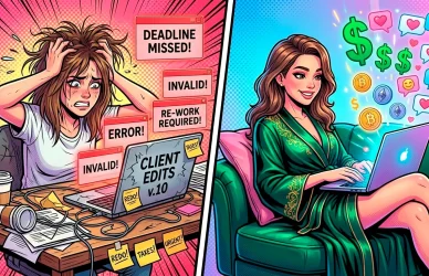 Комикс-иллюстрация: уставшая девушка на классическом фрилансе с правками против счастливой и успешной девушки-оператора чата на OnlyFans